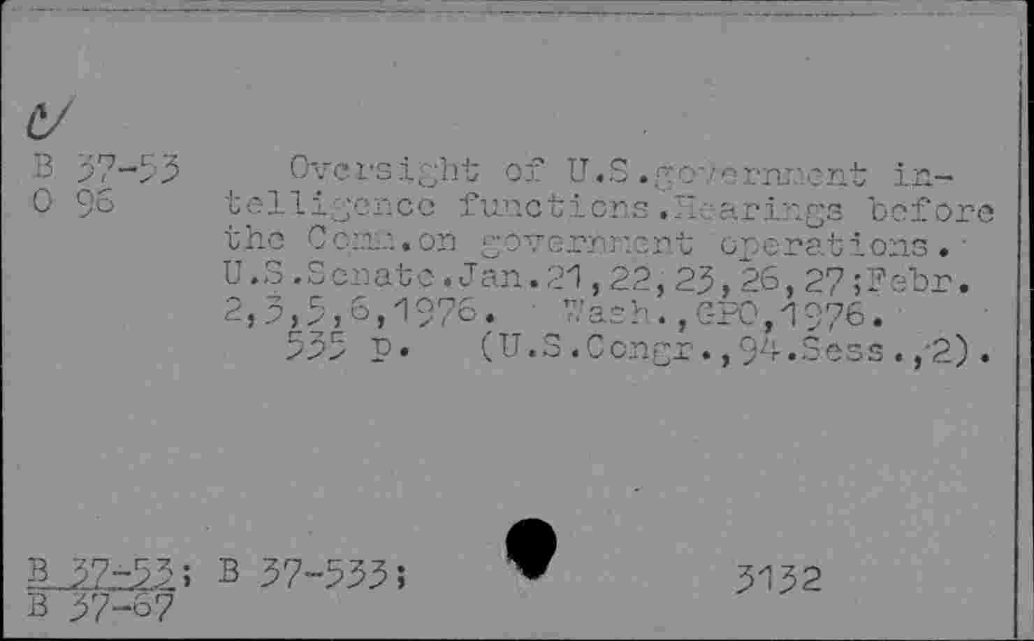 ﻿B 37-53 0 96
Oversight of U.S.£overnnent intelligence functions .’leanings before the Corn.-., on government operations. U.S.Senate.Jan.21,22, 23,26,27; Febr. 2,5,5,6,1976. Wash. ,C-PO,1976.
555 P* (U.S.Congr.,94.Sess./2).
b 57-53; b 57-555;
B 37-67
3132